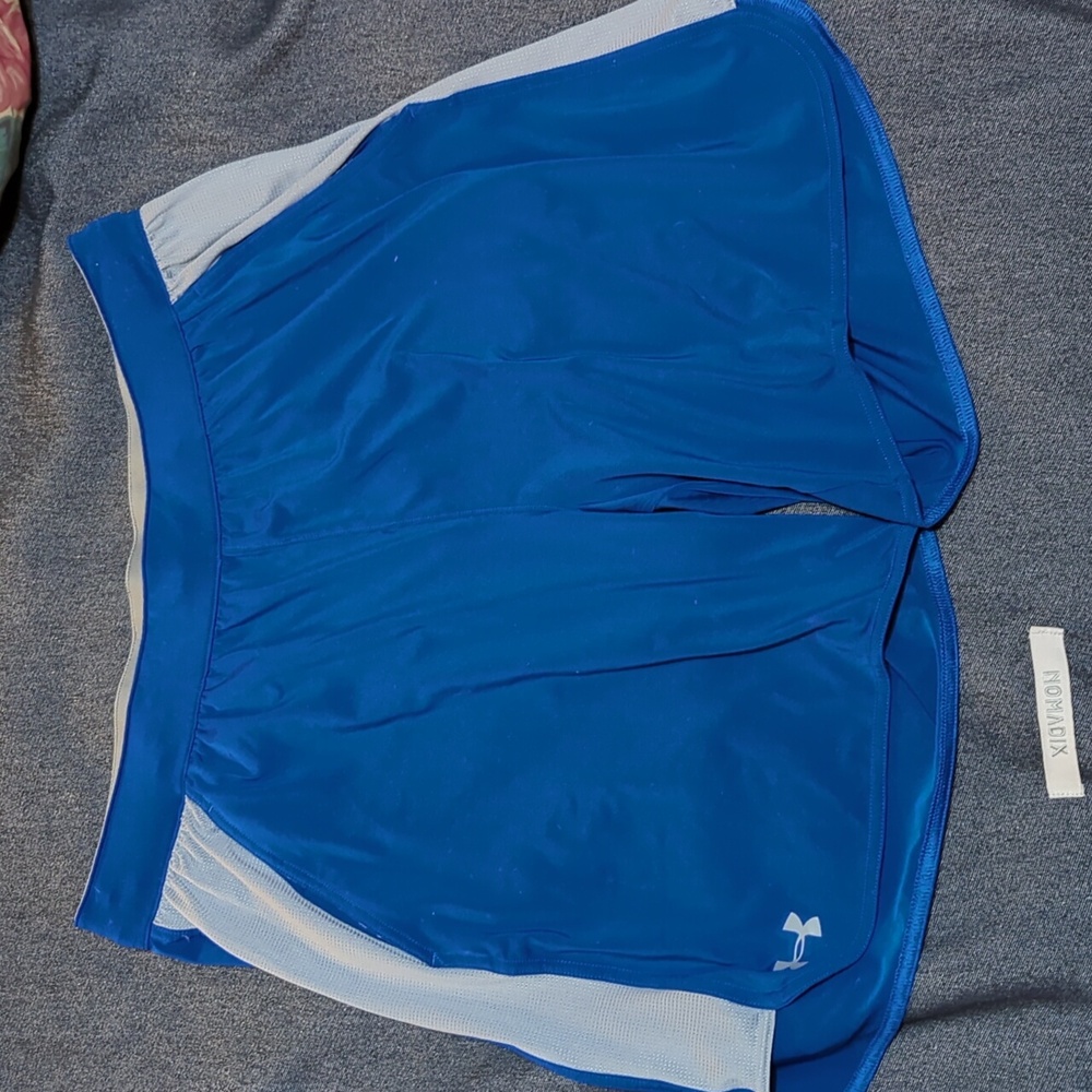 Under Armour Mens Size Large Loose Blue & Gray Stripe Athletic Basketball Shorts